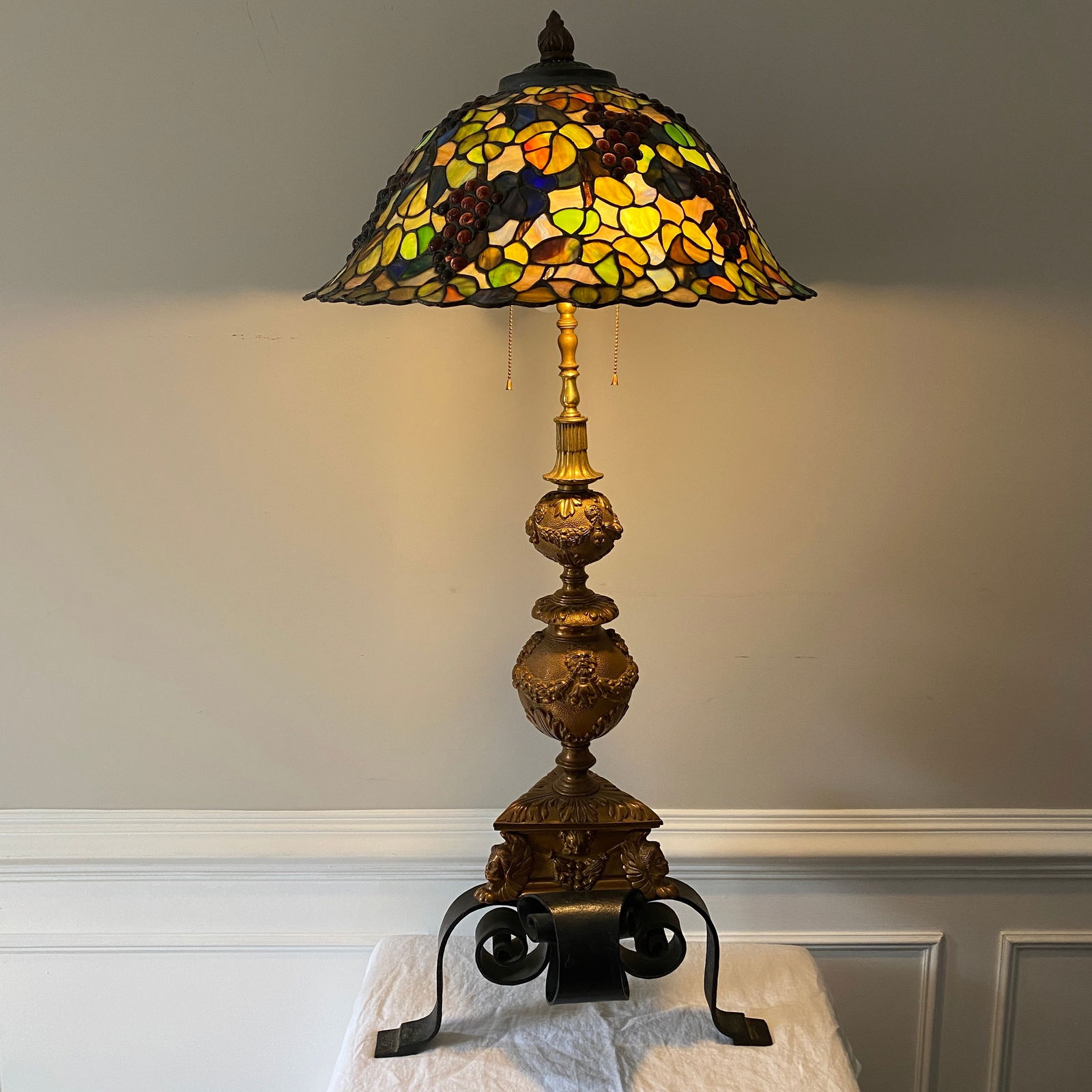 Tiffany Style Stained Glass Lamp Antique French Gothic Revival Mid Century Brass Base: The size is 22” diameter and 4’ tall.