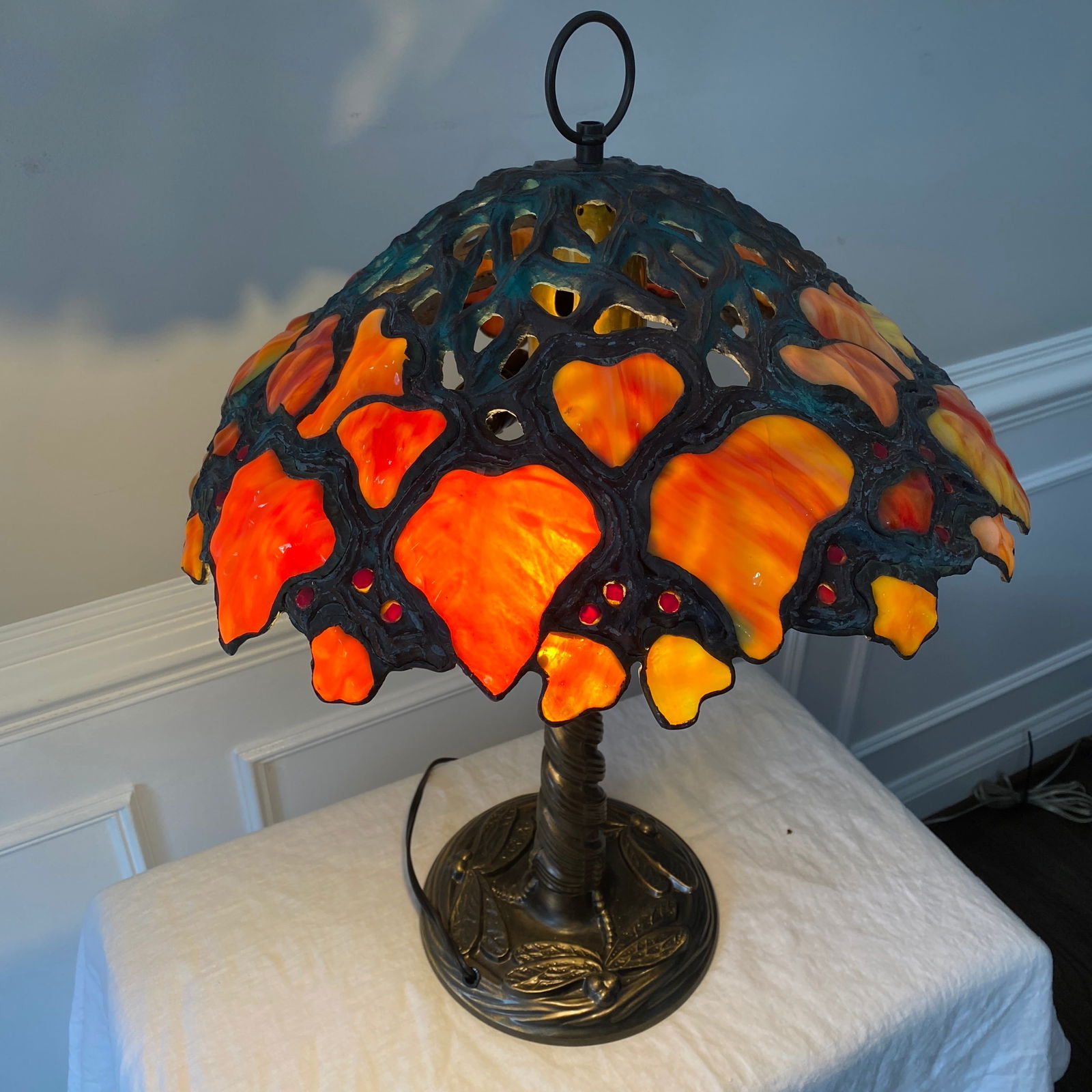 Rare Virgeenia Creeper Maple Leaf Design Brass Dragonfly Base: The size is 17” diameter and 21” tall.