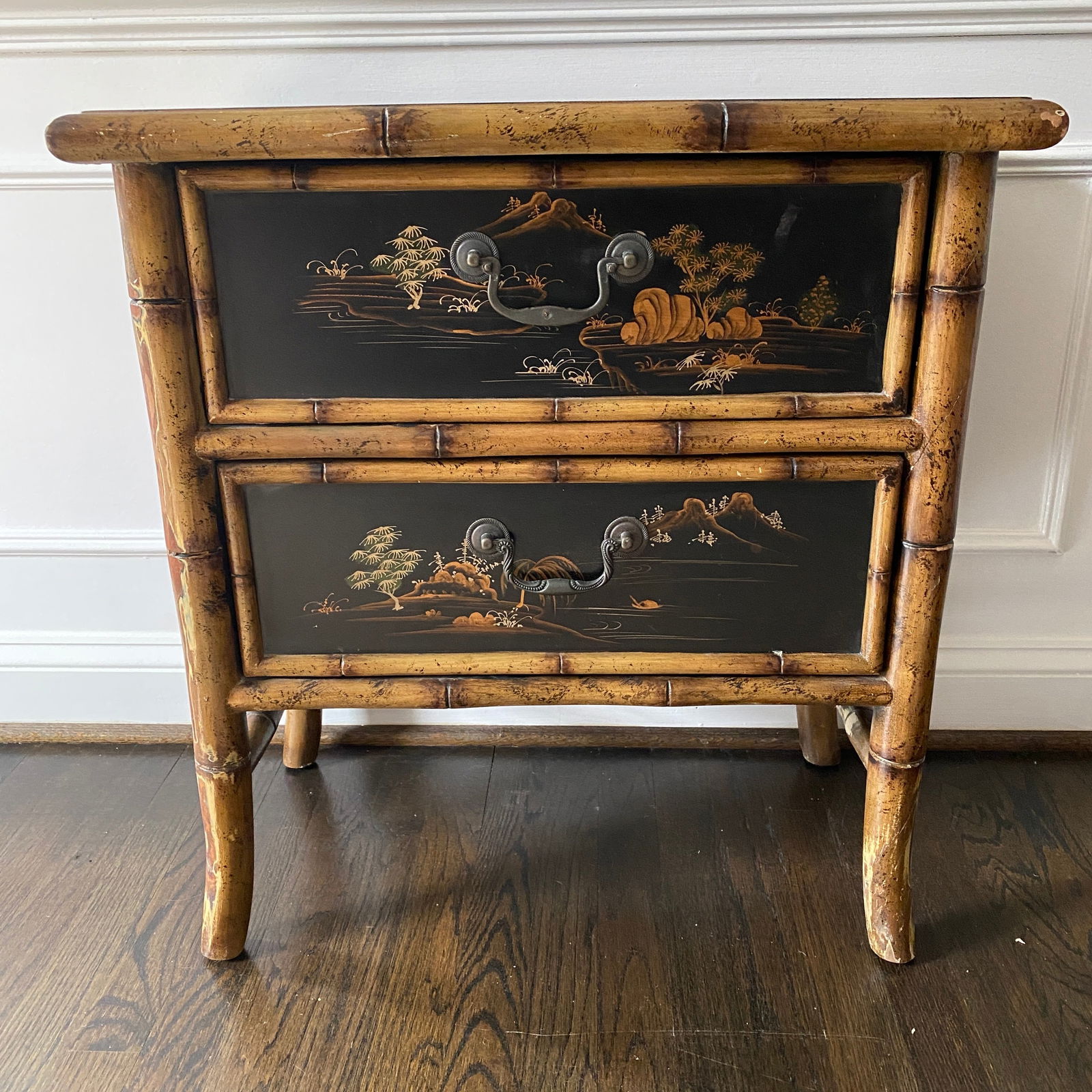 Antique Bamboo Chinese Mid Century Nightstand: The size is 14” deep, 23” wide and 28” tall.