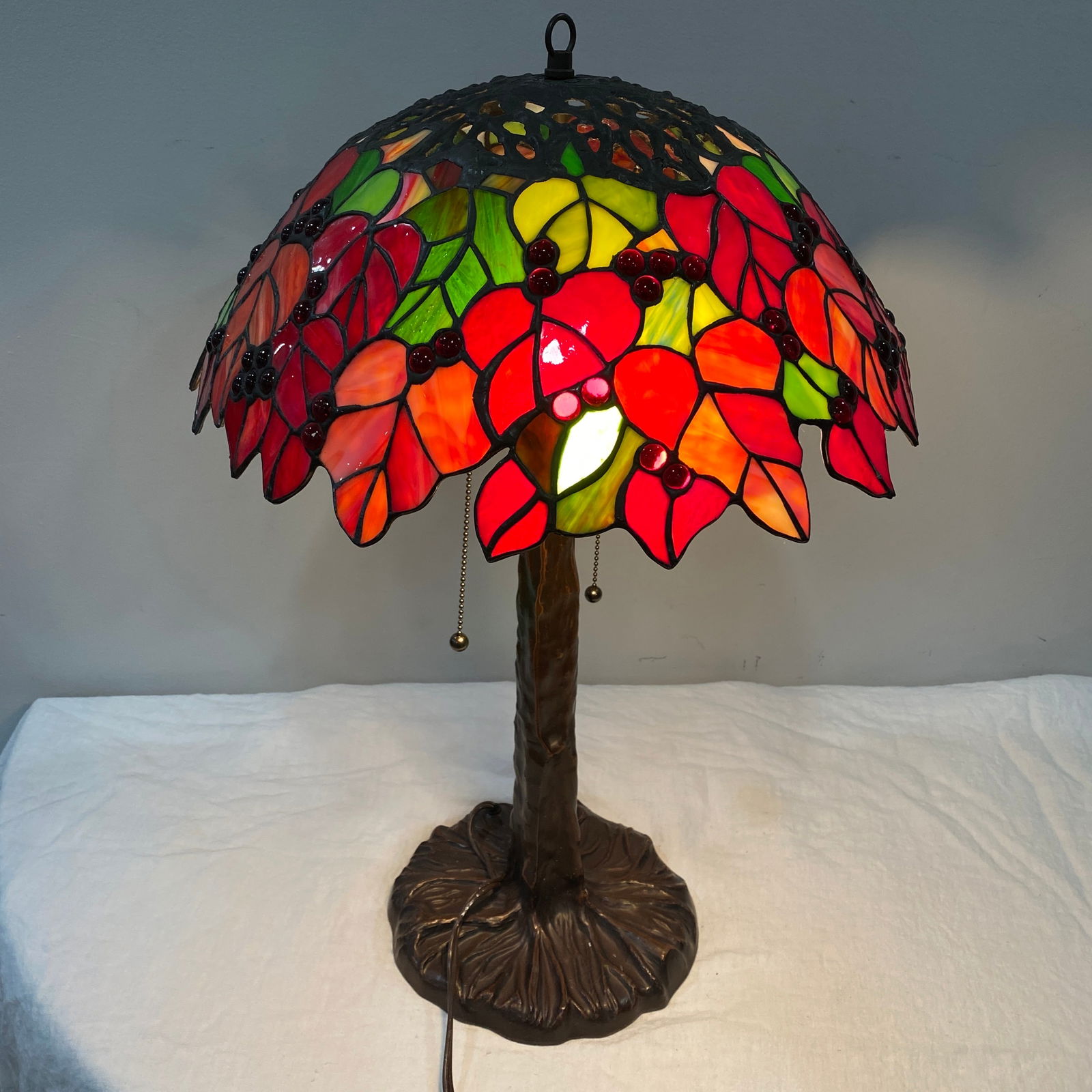 Tiffany Style Stained Glass Lamp With A Maple Leaf Design: The size is 17” diameter and 23” tall.