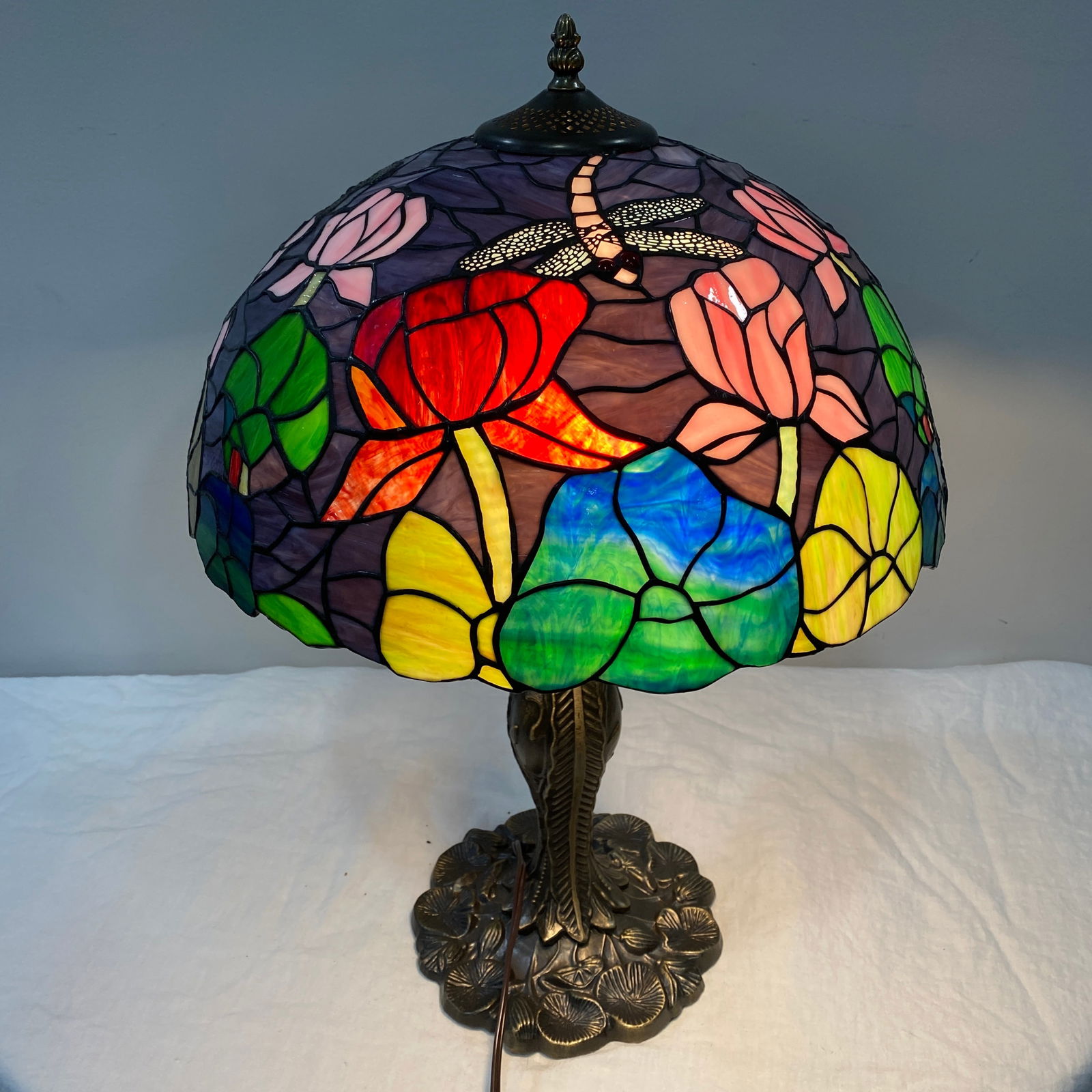 Tiffany Style Stained Glass Lamp With A Dragonfly and Flower Design (1 of 5)