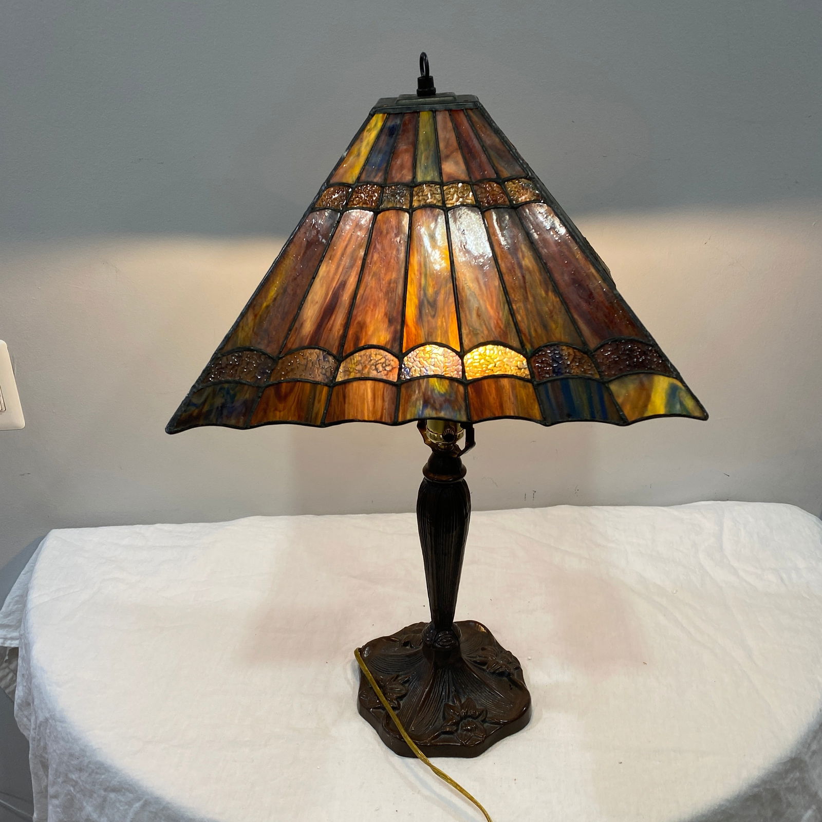 Tiffany Style Stained Glass Lamp With A Jeweled Peacock Style And Oblong Shade (1 of 5)