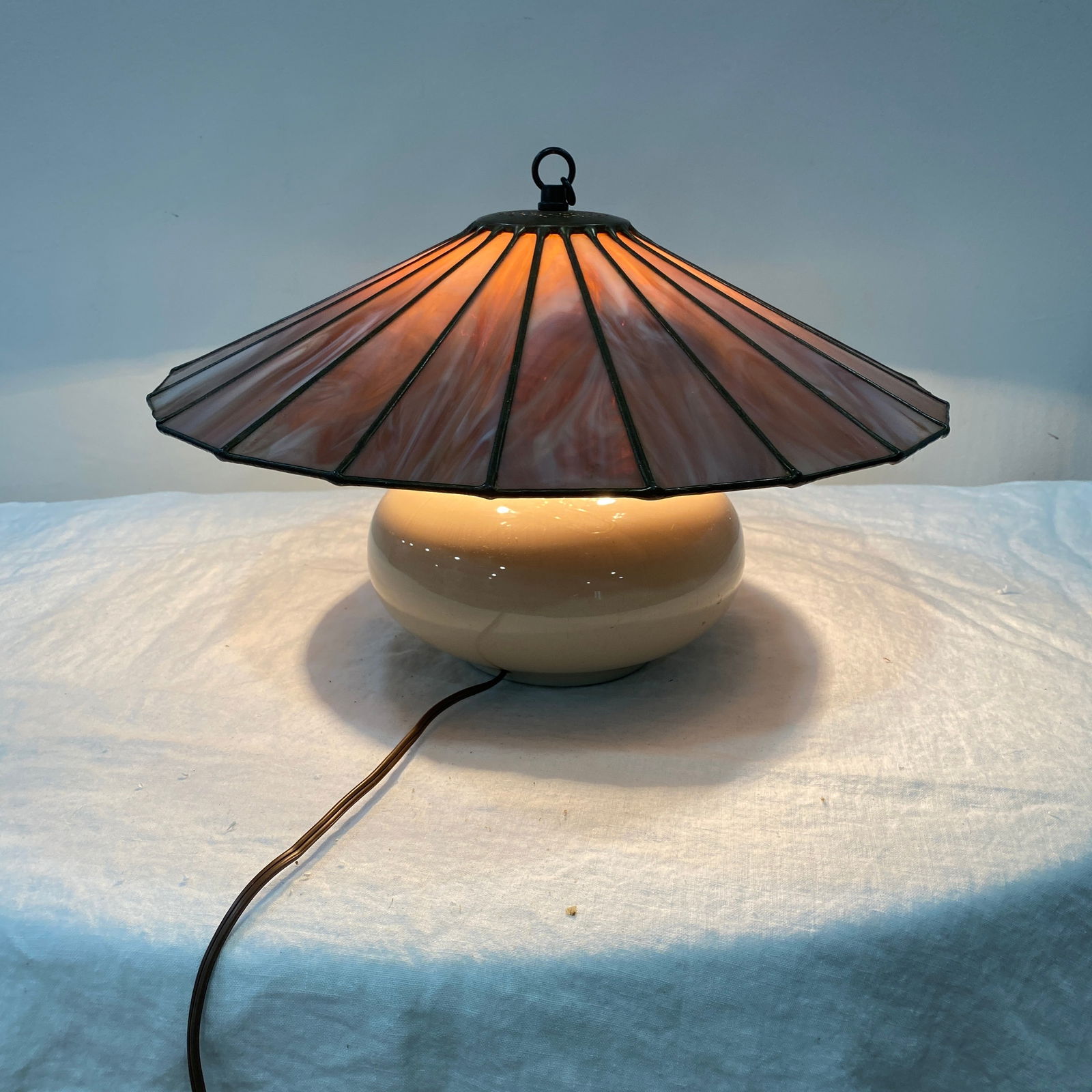 Tiffany Style Stained Glass Lamp: The size is 15” diameter and 9” tall.