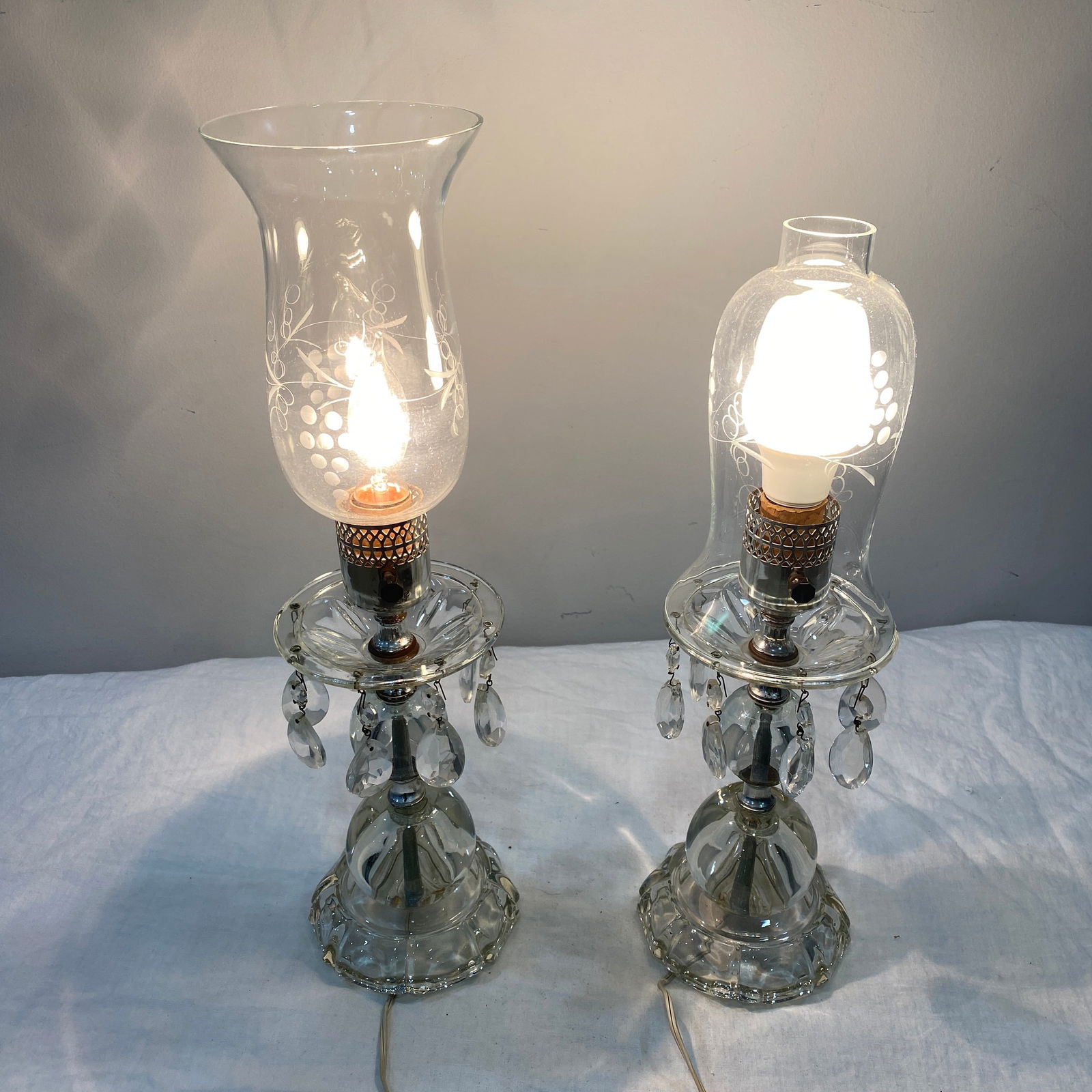Set of Mid Century Crystal Table Lamps: The size is 5” diameter and 19” tall.