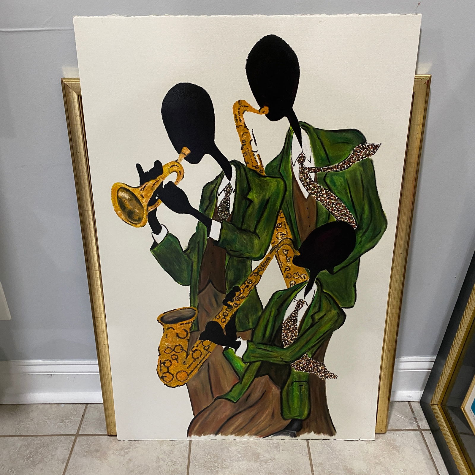 Original Signed People Playing Brass Instruments Painting Art: The size is 26” wide and 40” tall.