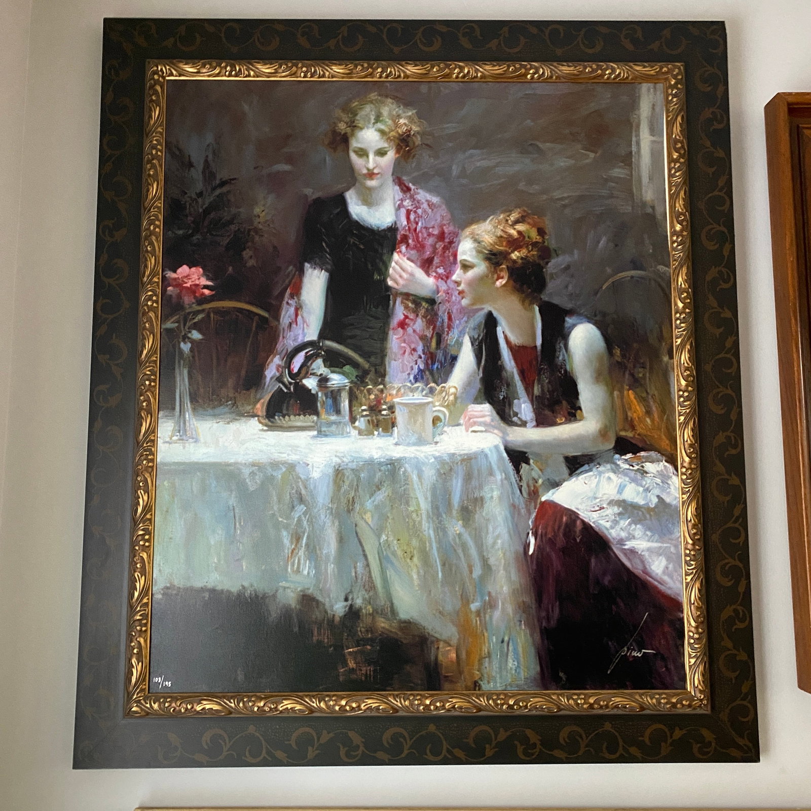 Signed Pino Hand Embellished Serigraph Art Numbered 103 of 195: The size from the frame is 36” wide and 48” tall.