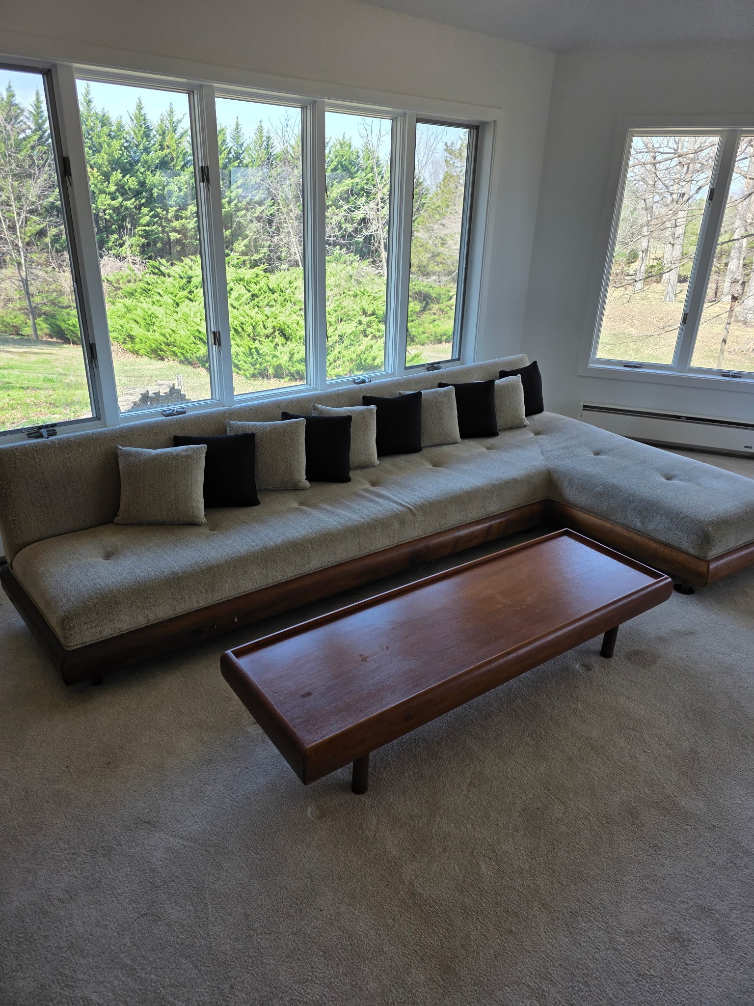 Adrian Pearsall 60s Walnut Furniture Set: The L Shape size is 9’ wide 6’ long.The size of the coffee table is 5’ x 20”.