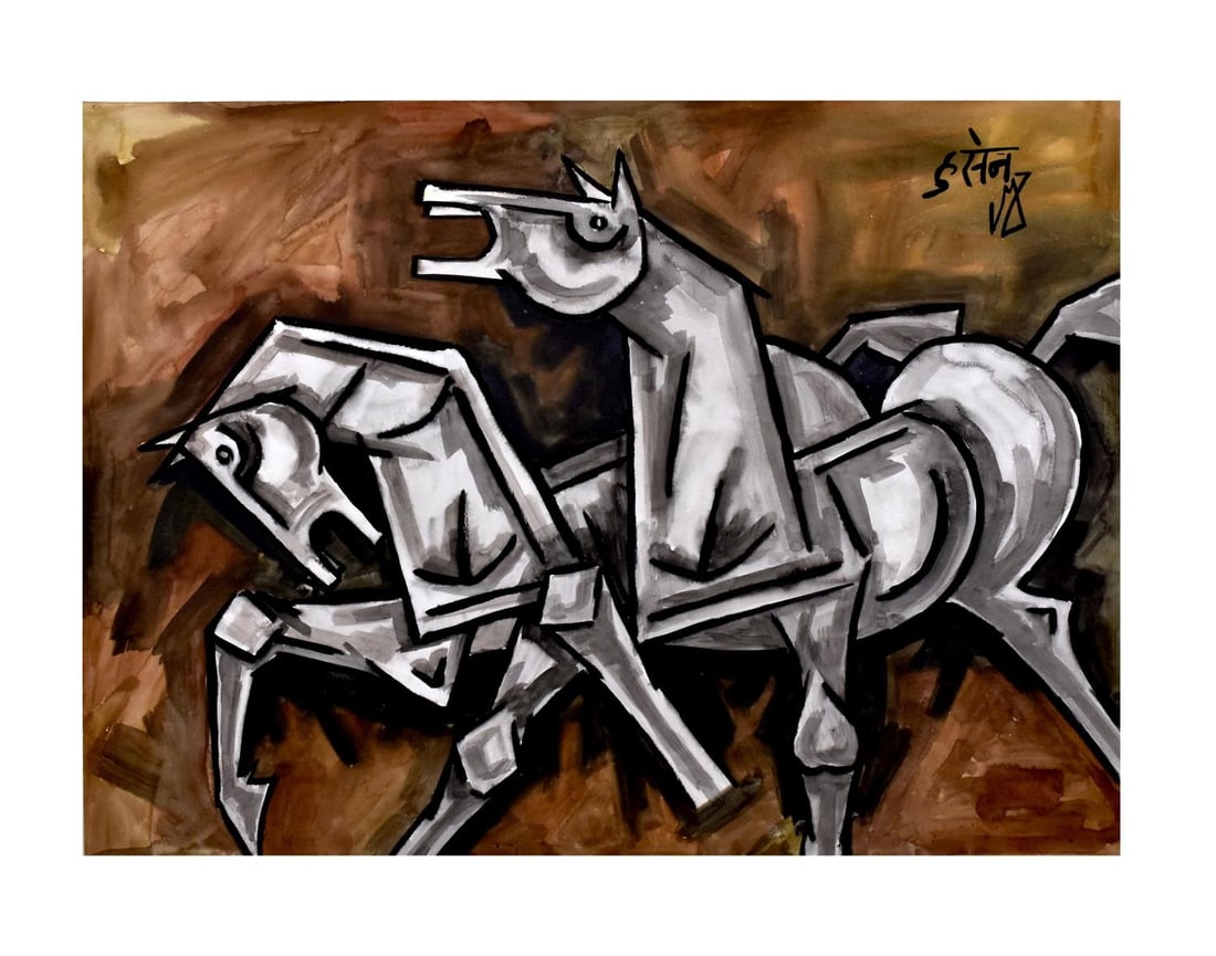 MAQBOOL FIDA HUSAIN (1915-2011) ""HORSES"" SIGNED TOP RIGHT IN HINDI & WATERCOLOUR ON SHEET (1 of 3)