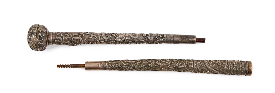TWO CHINESE EXPORT SILVER OBJECTS, PROBABLY A CANE (1 of 6)