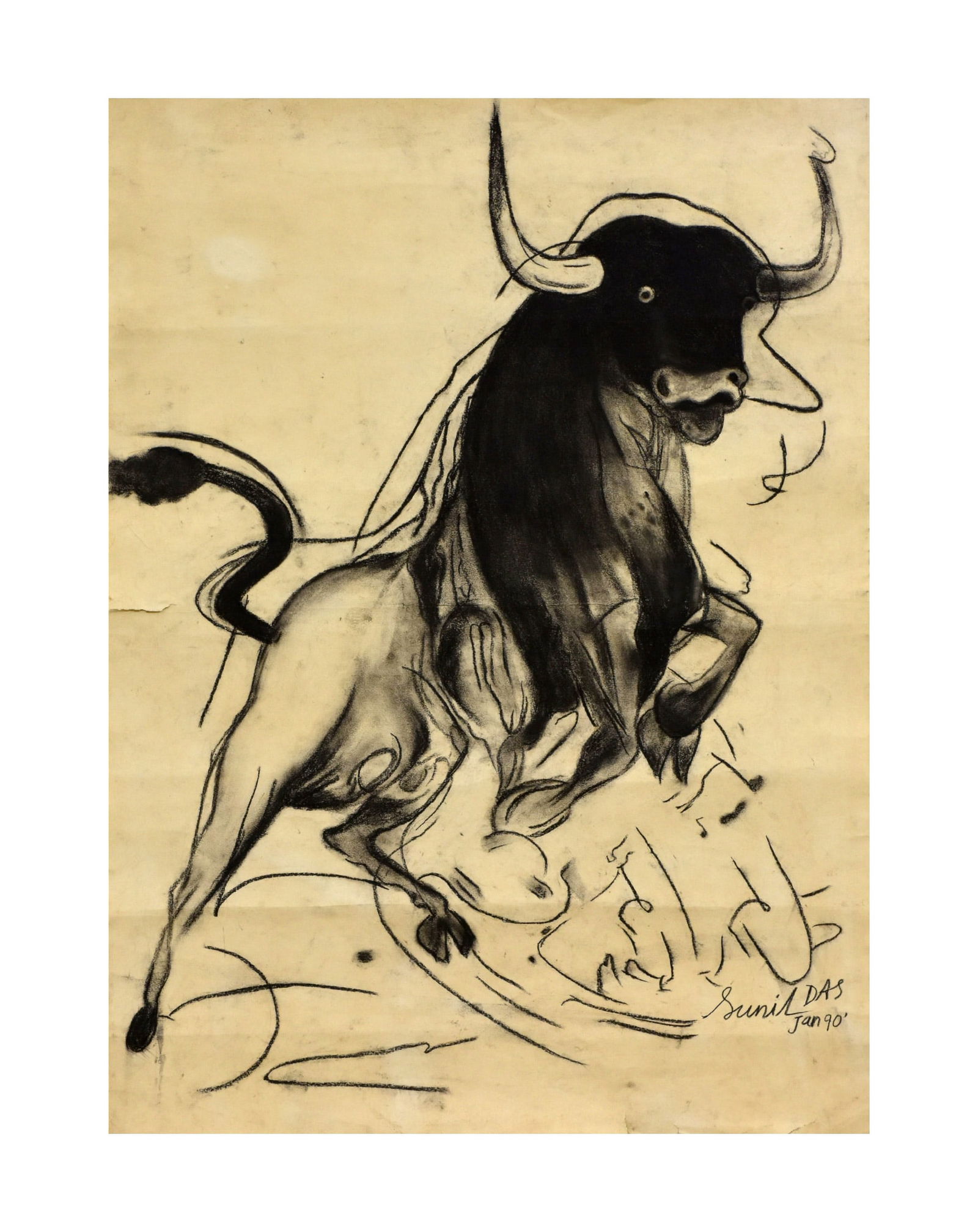 SUNIL DAS (1939-2015) ""RAGING BULL"" SIGNED & DATED JAN 90: SUNIL DAS (1939-2015) "RAGING BULL" SIGNED & DATED JAN 90 Pencil and Charcoal on Paper