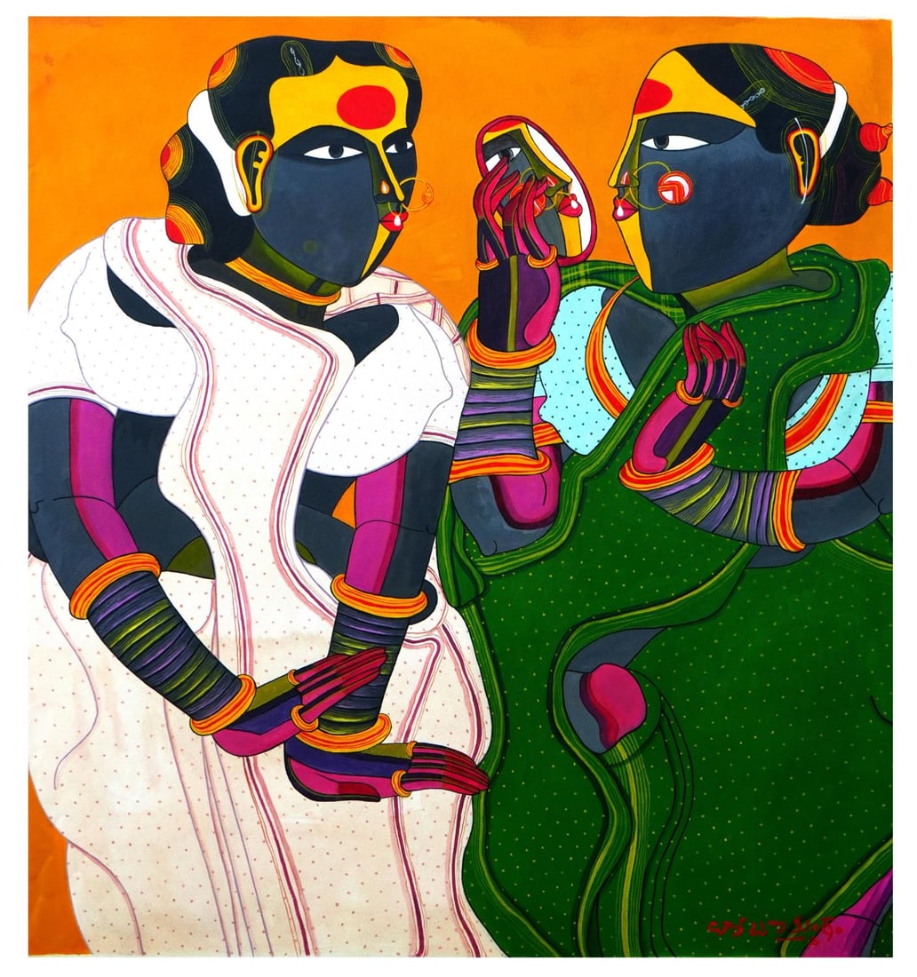 THOTA VAIKUNTAM (BORN 1942) TWO TAMIL WOMEN, OIL ON CANVAS, SIGNED BOTTOM RIGHT (1 of 5)