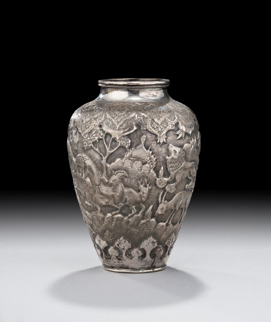 A PERSIAN HUNTING SCENE SILVER VASE, 19TH CENTURY (1 of 5)