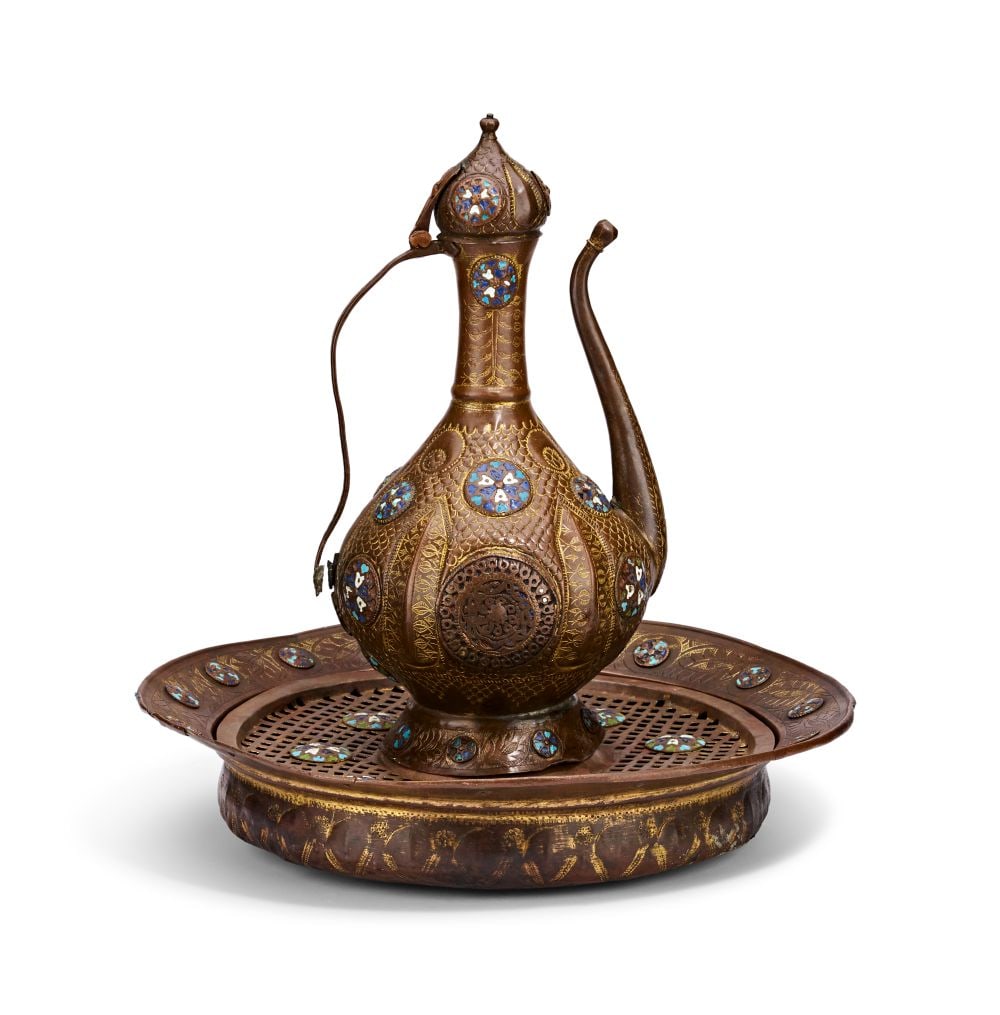 AN OTTOMAN ENAMELLED TOMBAK EWER AND BASIN PROBABLY DIYARBAKIR, EASTERN TURKEY, OR BALKANS, 18TH CEN (1 of 11)
