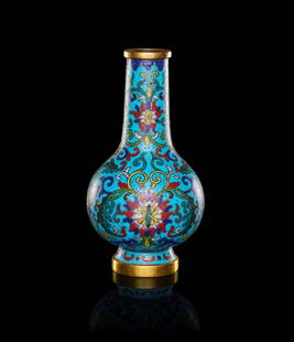 A CHINESE CLOISONNÉ ENAMEL SMALL BOTTLE VASE QIANLONG INCISED FOUR-CHARACTER MARK AND OF THE PERIOD: A CHINESE CLOISONN&Eacute; ENAMEL SMALL BOTTLE VASE QIANLONG INCISED FOUR-CHARACTER MARK AND OF THE PERIOD   This exquisite Chinese cloisonn&eacute; enamel vase, dating from the Qianlong period, exhib
