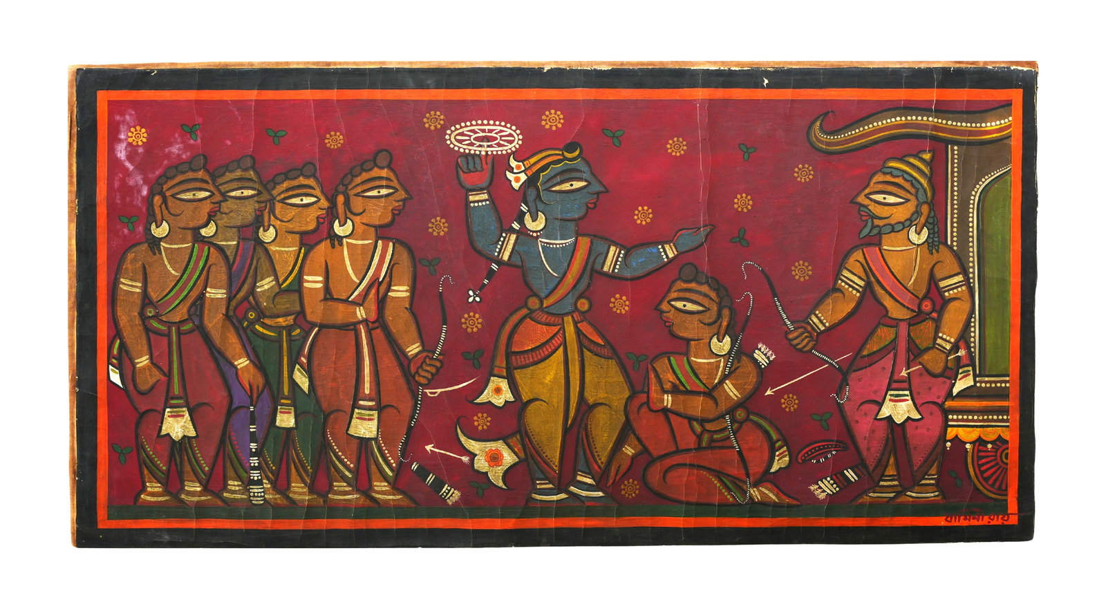 JAMINI ROY (1887-1972) MAHABHARATA SCENE, SIGNED BOTTOM RIGHT, TEMPERA ON CLOTH: JAMINI ROY (1887-1972) MAHABHARATA SCENE, SIGNED BOTTOM RIGHT, TEMPERA ON CLOTH An evocative tempera on cloth by the renowned artist Jamini Roy, depicting a scene from the Mahabharata. This piece bea