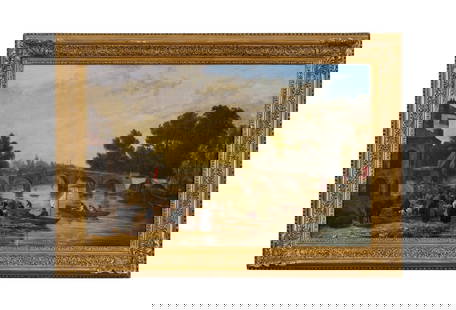 VIEW OF THE THAMES (RIVER THAMES) 19TH CENTURY, ENGLISH, OIL ON CANVAS: VIEW OF THE THAMES (RIVER THAMES) 19TH CENTURY, ENGLISH, OIL ON CANVAS   A finely executed 19th-century English School oil painting depicting a lively regatta scene along the River Thames, set benea