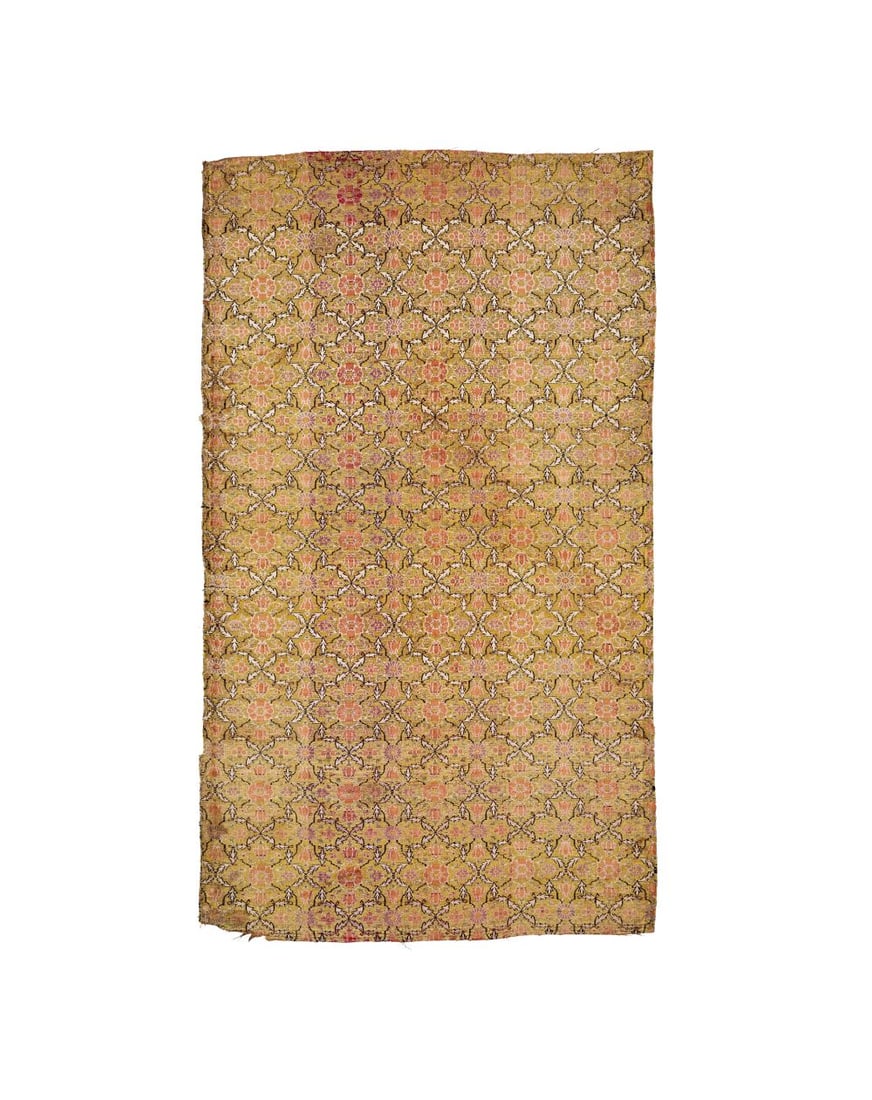A SILK BROCADE PANEL SAFAVID IRAN, 17TH CENTURY: Lot 35. A SILK BROCADE PANEL Safavid Iran, 17th Century Woven from fine silk with an intricate all-over lattice of interlocking rosettes, palmettes, and stylised tulips, this panel is rendered in sof