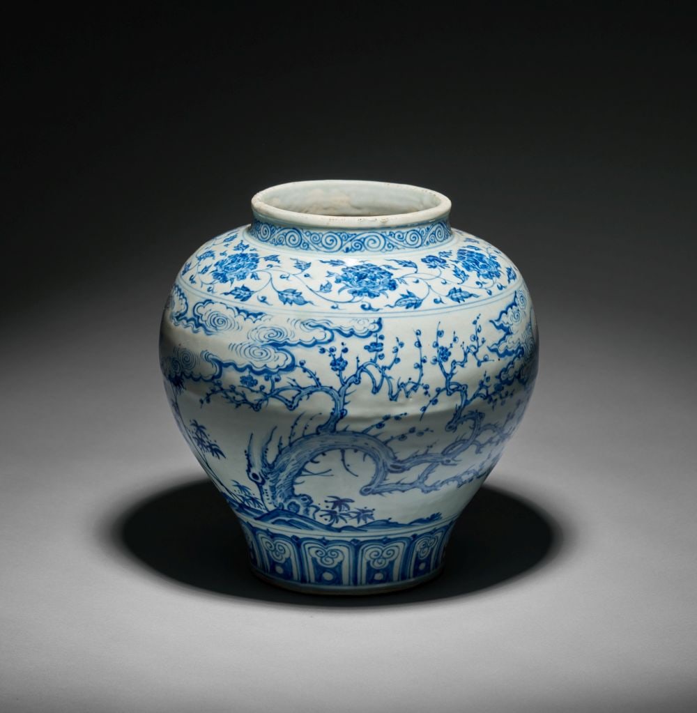A CHINESE BLUE & WHITE FLORAL VASE, QING DYNASTY (1644-1911): Lot 153. A CHINESE BLUE & WHITE FLORAL VASE Qing Dynasty (1644–1911) Porcelain vase of baluster form painted in vibrant cobalt blue beneath a clear glaze. The body is decorated