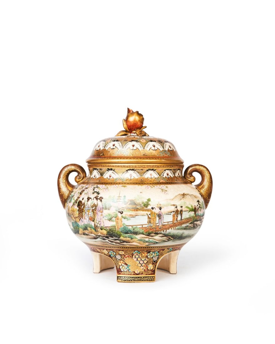 A JAPANESE SATSUMA TRIPOD KORO, SIGNED RYOKUZAN, MEIJI PERIOD, (1868-1912): Lot 190. A JAPANESE SATSUMA TRIPOD KORO, SIGNED RYOKUZAN Meiji period, 1868–1912 Of rounded baluster form supported on three gently splayed legs, the koro is finely decorated in po