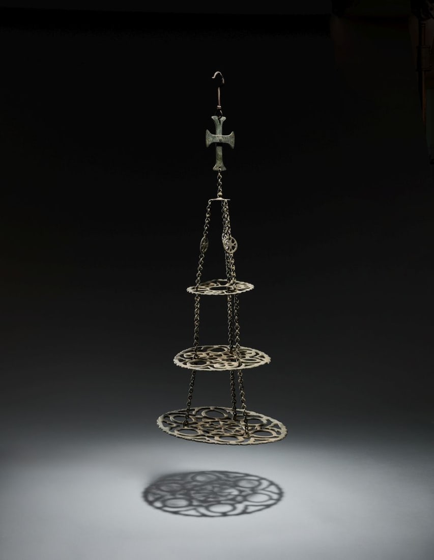 A BYZANTINE BRONZE POLYCANDELON CIRCA 5TH-6TH CENTURY A.D.: A BYZANTINE BRONZE POLYCANDELON CIRCA 5TH-6TH CENTURY A.D. Composed of cast br