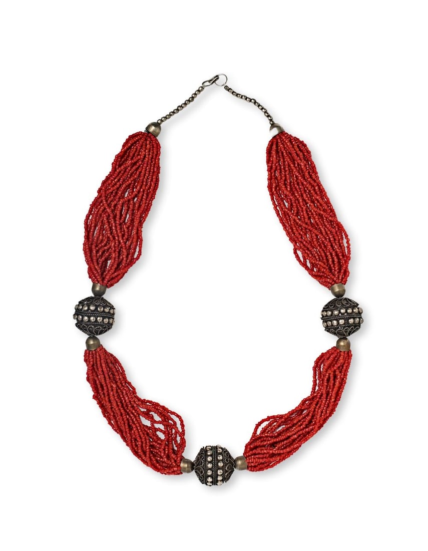 TWO (2) CORAL & SILVER NECKLACES, BUKHARA, CENTRAL ASIA, 20TH CENTURY, (1 of 3)