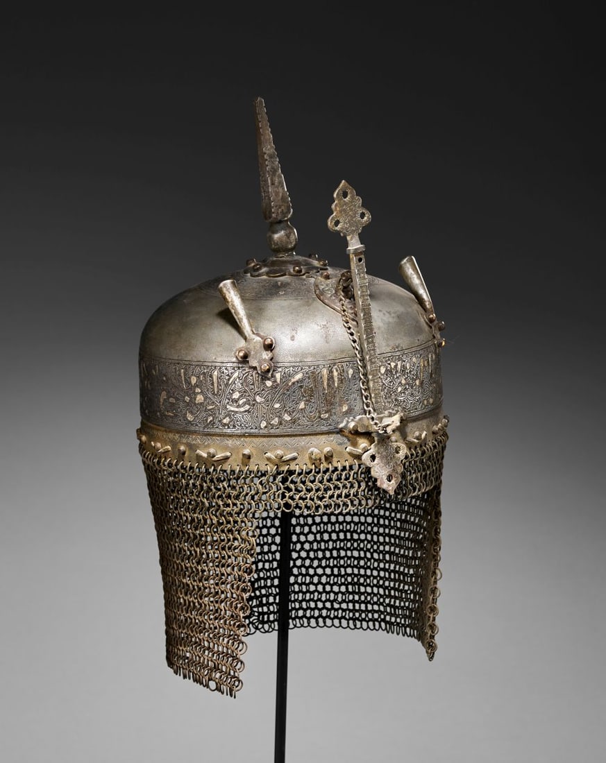 A PERSIAN STEEL & SILVER INLAID DAMASCENED KHULAH KHUD HELMET, WITH CHAIN MAIL NECK GUARD, 18TH/19TH (1 of 8)