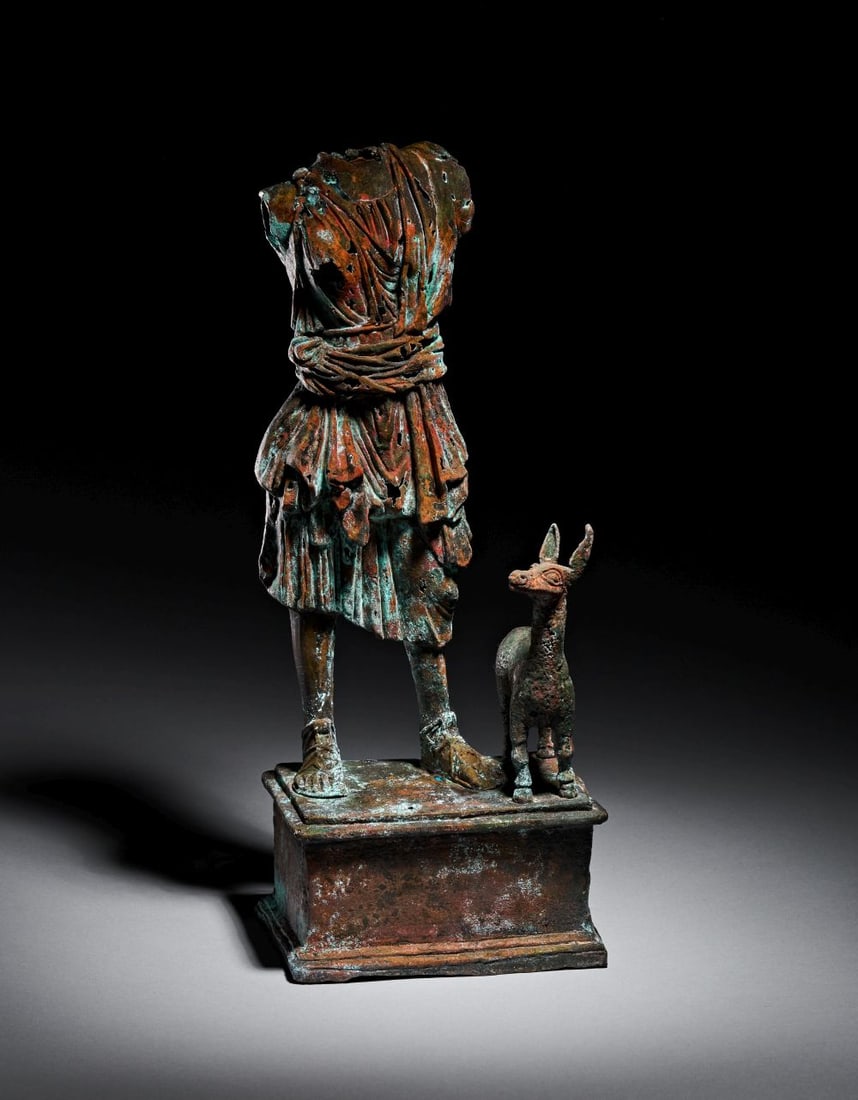 A ROMAN BRONZE GROUP OF A MAN & DEER, CIRCA 2ND CENTURY A.D. (1 of 5)