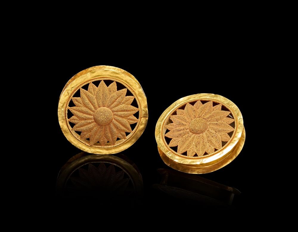AN EXTREMELY RARE PAIR OF GOLD EARLOBE STRETCHING EARRINGS, GANDHARA, 2ND/3RD CENTURY: AN EXTREMELY RARE PAIR OF GOLD EARLOBE STRETCHING EARRINGS Gandhara, 2nd–3rd Century A.D. 