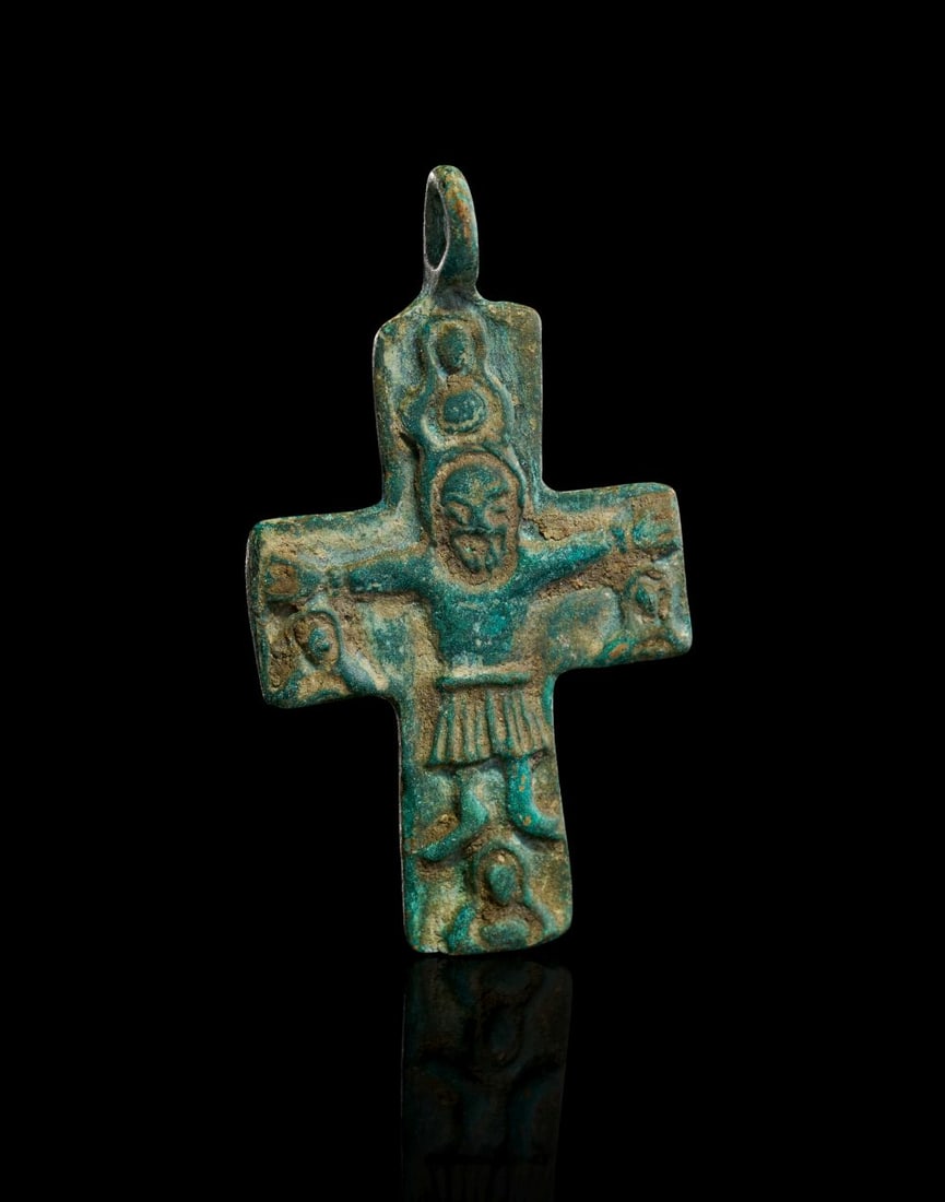 A BYZANTINE BRONZE CROSS DEPICTING THE CRUCIFIXION, CIRCA 8TH CENTURY A.D. (1 of 2)