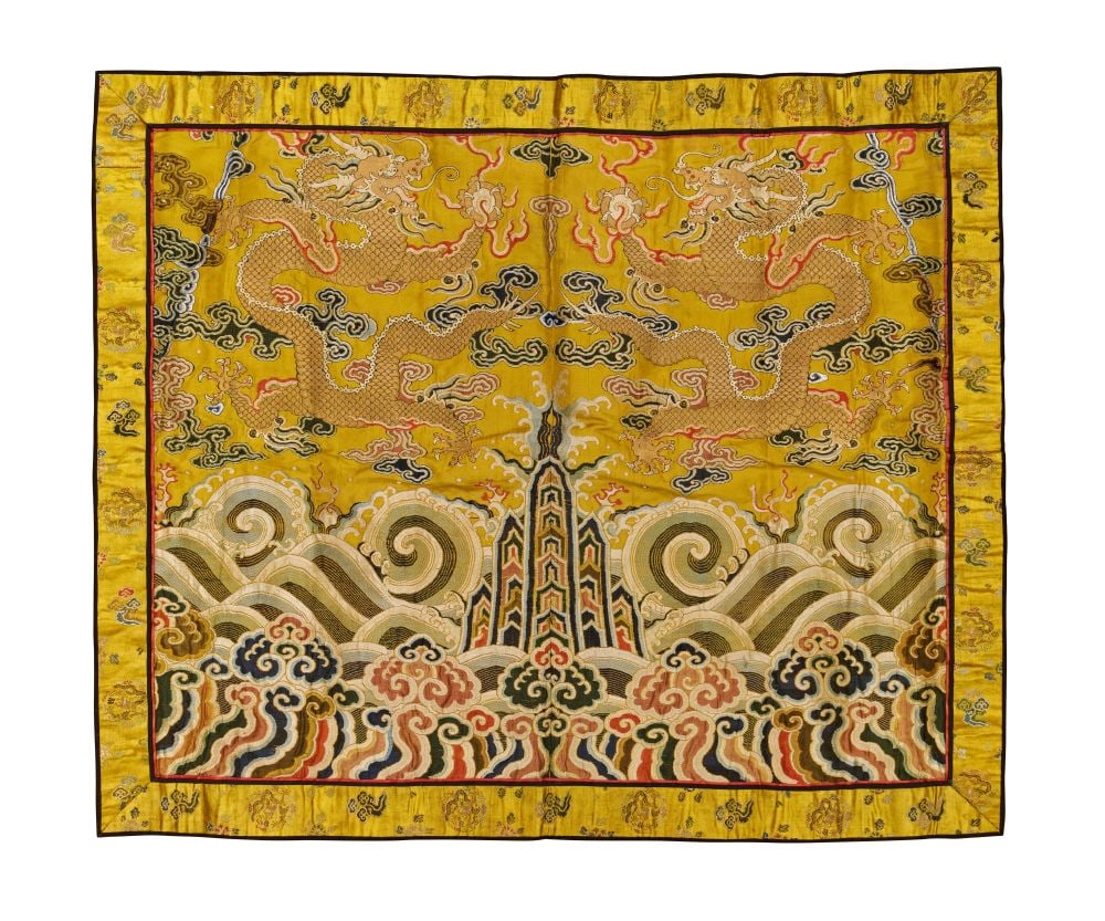 A LARGE IMPERIAL YELLOW-GROUND EMBROIDERED SILK 'DRAGON' HANGING, 18TH CENTURY (1 of 4)