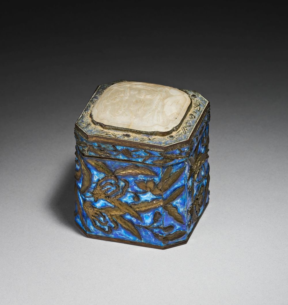 A CHINESE SILVER & ENAMEL TEACADDY WITH A WHITE JADE PLAQUE, JADE 18TH CENTURY QIANLONG PERIOD, (1 of 7)