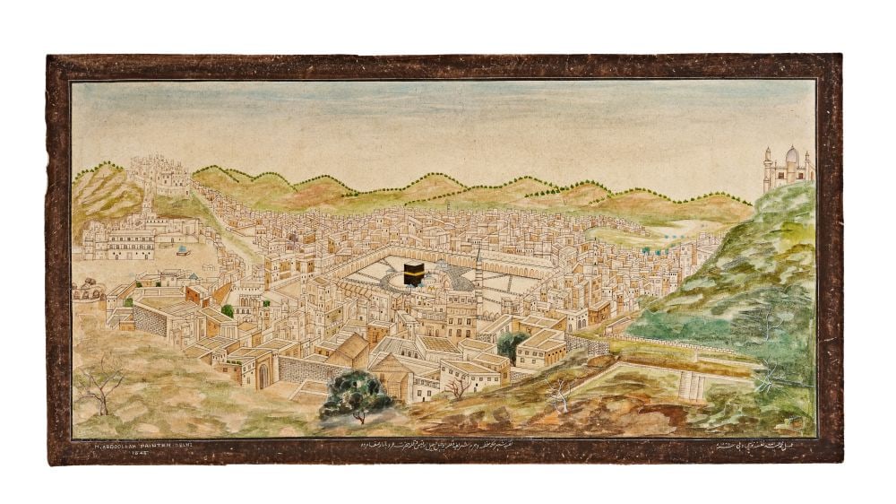 A RARE VIEW OF THE KAABA & THE HOLY CITY OF MECCAN, NORTH INDIA, DELHI, DATED 1845, BY MUHAMMAD ABDU: A RARE VIEW OF THE KAABA & THE HOLY CITY OF MECCAN, NORTH INDIA, DELHI, DATED 1845, BY MUHAMMAD ABDULLAH A panoramic painted view depicting the Holy City with the Kaaba at its centre. The compos
