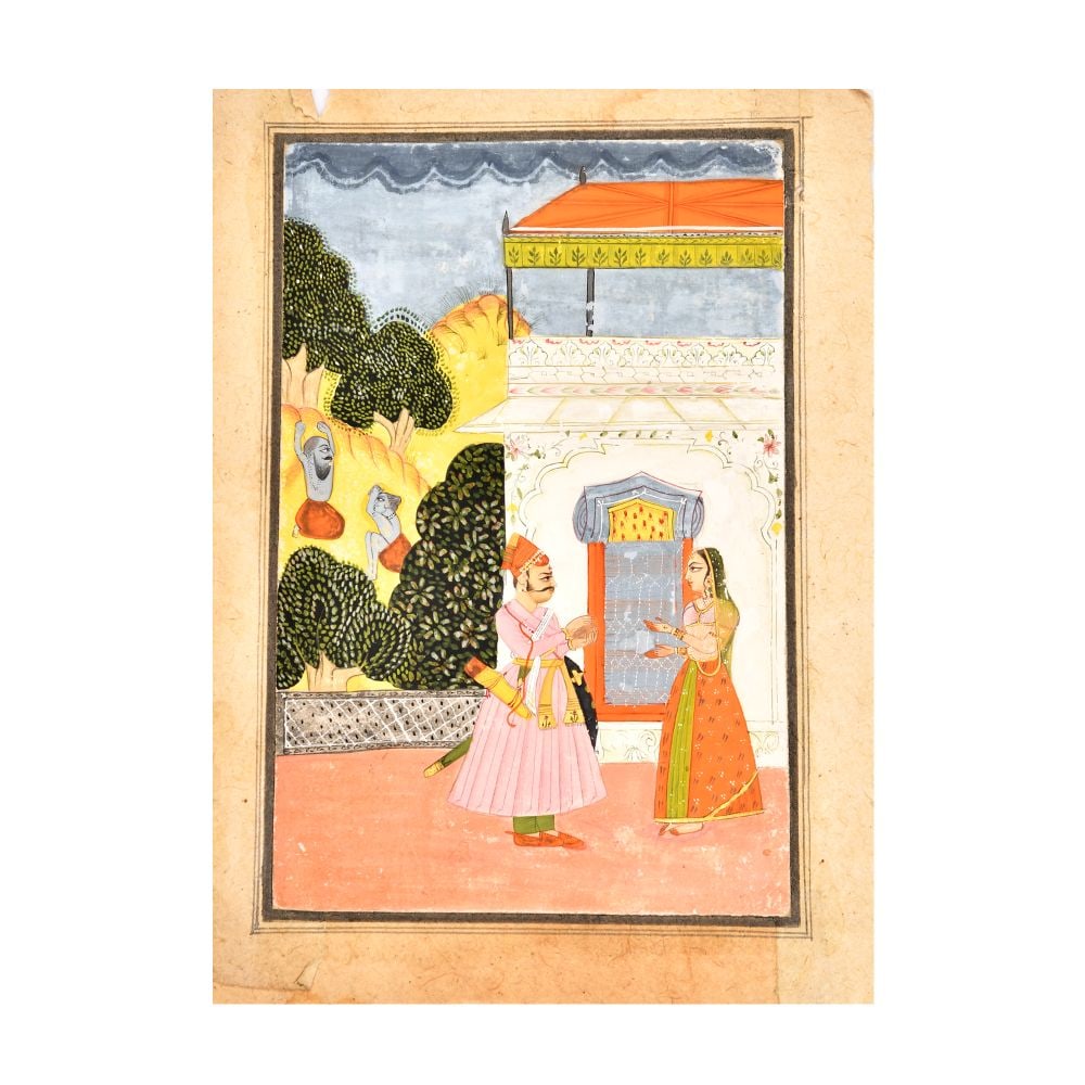 A KING DEPARTING FOR WAR SEEKING PERMISSION FROM QUEEN, IN A PALACE FOREFRONT WITH TWO YOGIS IN THE (1 of 3)