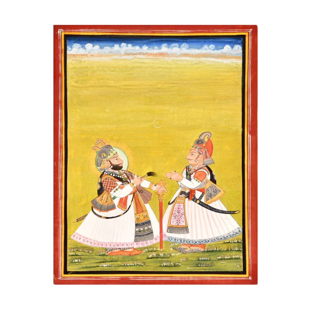 THE MEETING OF TWO ROYALS, BHIMSINGH & JAWANSINGH, DRESSED IN WHITE ROBES, BEJEWLED, MEWAR, 19TH CEN (1 of 3)