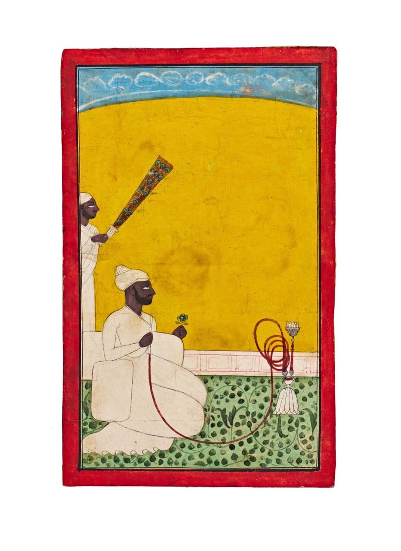 A PORTRAIT OF A NOBLE SMOKING A HUQQA, NURPUR OR CHAMBA SCHOOL, PUNJAB HILLS, INDIA, MID 18TH CENTUR: A PORTRAIT OF A NOBLE SMOKING A HUQQA, NURPUR OR CHAMBA SCHOOL, PUNJAB HILLS, INDIA, MID 18TH CENTUR Seated in composed profile against a field of luminous yellow, the nobleman is rendered with the