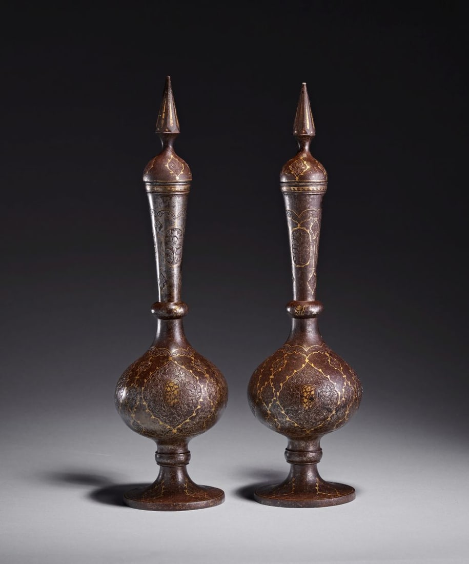 A PAIR OF QAJAR GOLD DAMASCENED STEEL LIDDED VASES, PERSIA, 19TH CENTURY (1 of 8)