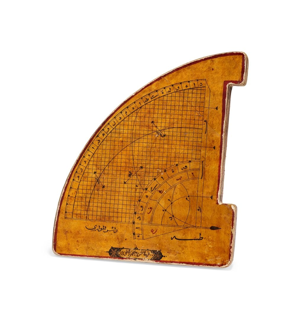 AN OTTOMAN PAPIER MACHE QUADRANT, LATE 19TH CENTURY: AN OTTOMAN PAPIER MACHE QUADRANT, LATE 19TH CENTURY A late 19th century Ottoman scientific instrument in the form of a quadrant, constructed from layered papier mâché and painted in war