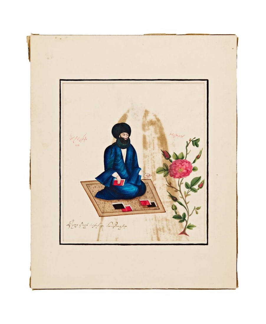 AN IMPORTANT WATERCOLOR OF A SEATED MAN, SIGNED BY KATARIN ABOL HASSAN ISFAHANI, DATED 1260 AH / 184: AN IMPORTANT WATERCOLOR OF A SEATED MAN, SIGNED BY KATARIN ABOL HASSAN ISFAHANI, DATED 1260 AH / 1844 AD <