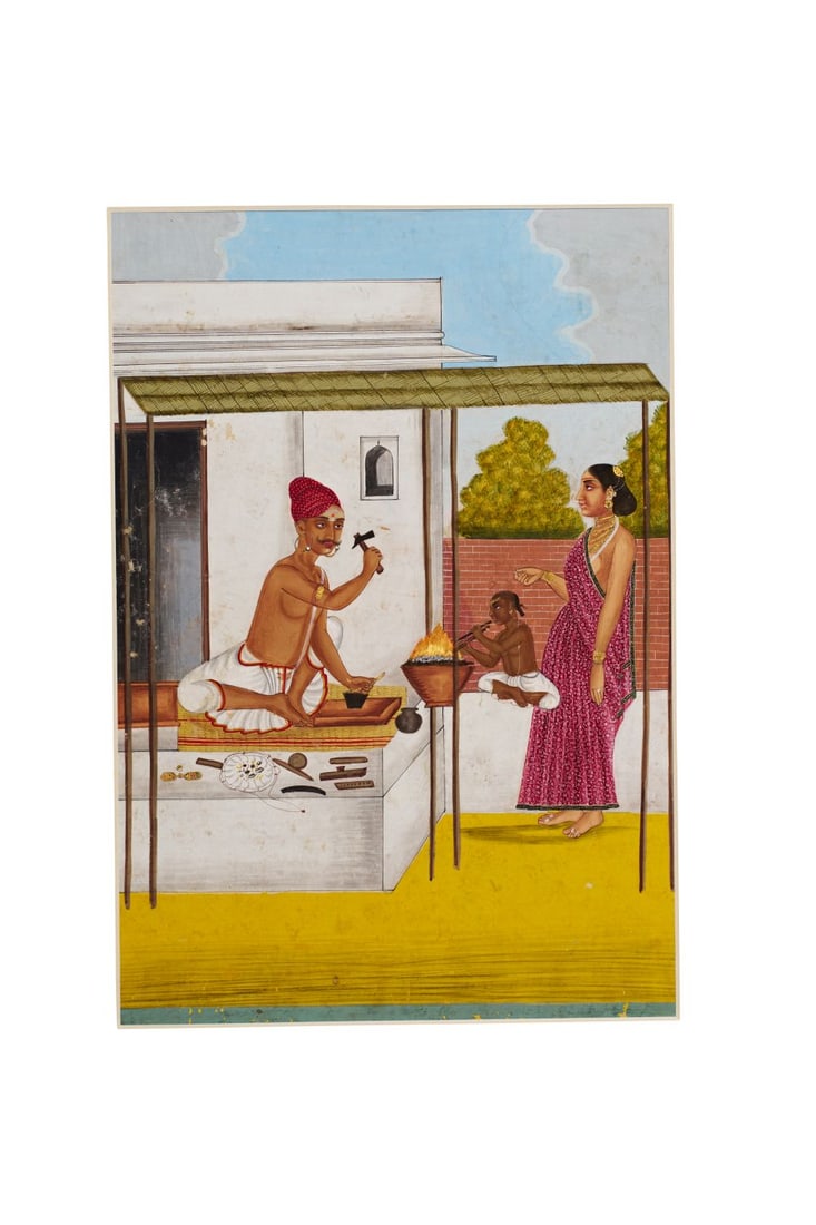 A PORTRAIT OF A GOLDSMITH & TRADESMAN AND WIFE, TANJORE, CIRCA 1810, INDIA: A PORTRAIT OF A GOLDSMITH & TRADESMAN AND WIFE, TANJORE, CIRCA 1810, INDIA This lively Tanjore painting presents an intimate glimpse into artisanal life, combining portraiture with a narrative of 