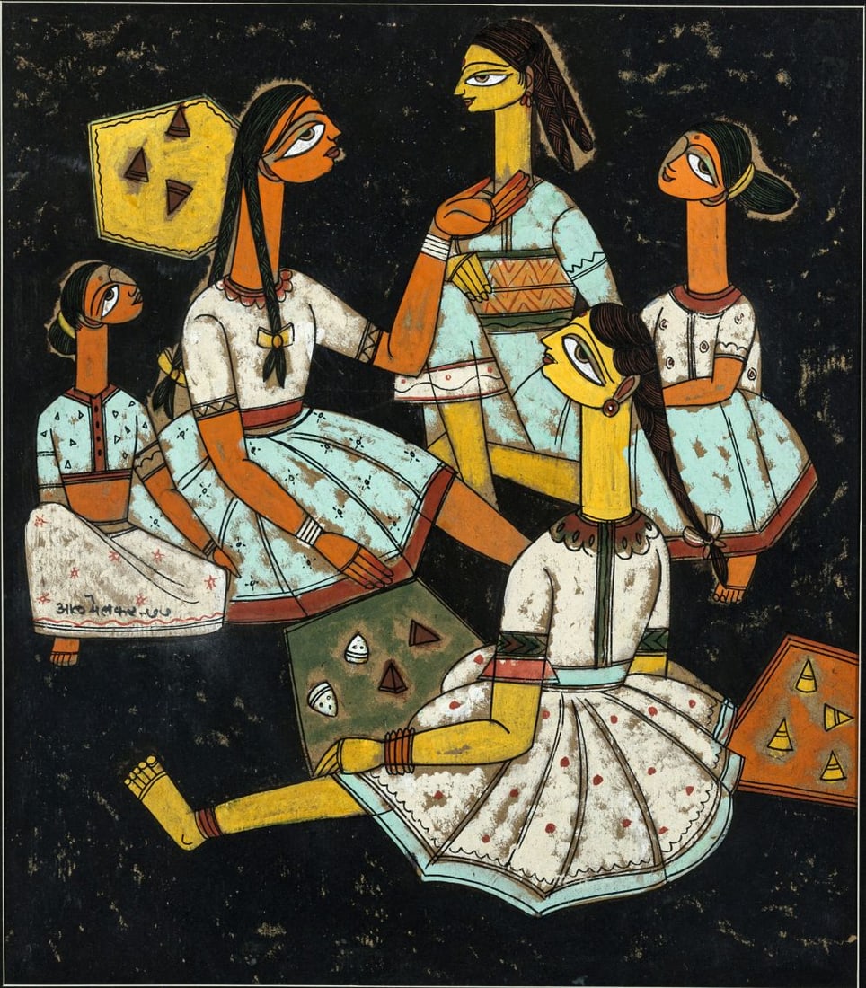ABDULRAHIM APABHAI ALMELKAR (1920-1982) UNTITLED, SIGNED & DATED "ALMELKAR 77" IN HINDI CENTER LEFT: ABDULRAHIM APABHAI ALMELKAR (1920-1982) UNTITLED, SIGNED & DATED "ALMELKAR 77" IN HINDI CENTER LEFT Gouache on cardboard 15 x 13 inches Acquired from the Estate of Hiralal Khatri. Published in “A A 