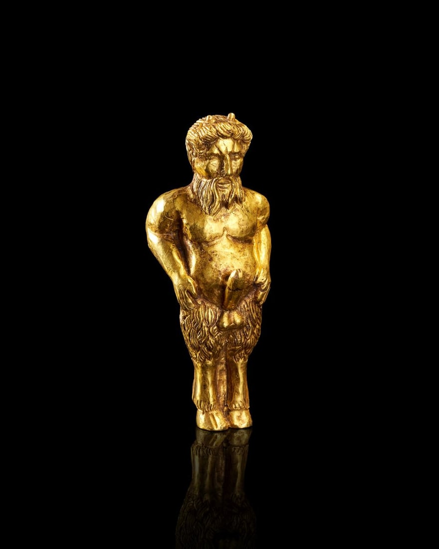AN EXCEPTIONAL LATE ROMAN GOLD ITHYPHALLIC SATYR (SILENUS) PENDANT, CIRCA 2ND-4TH CENTURY A.D. (1 of 4)