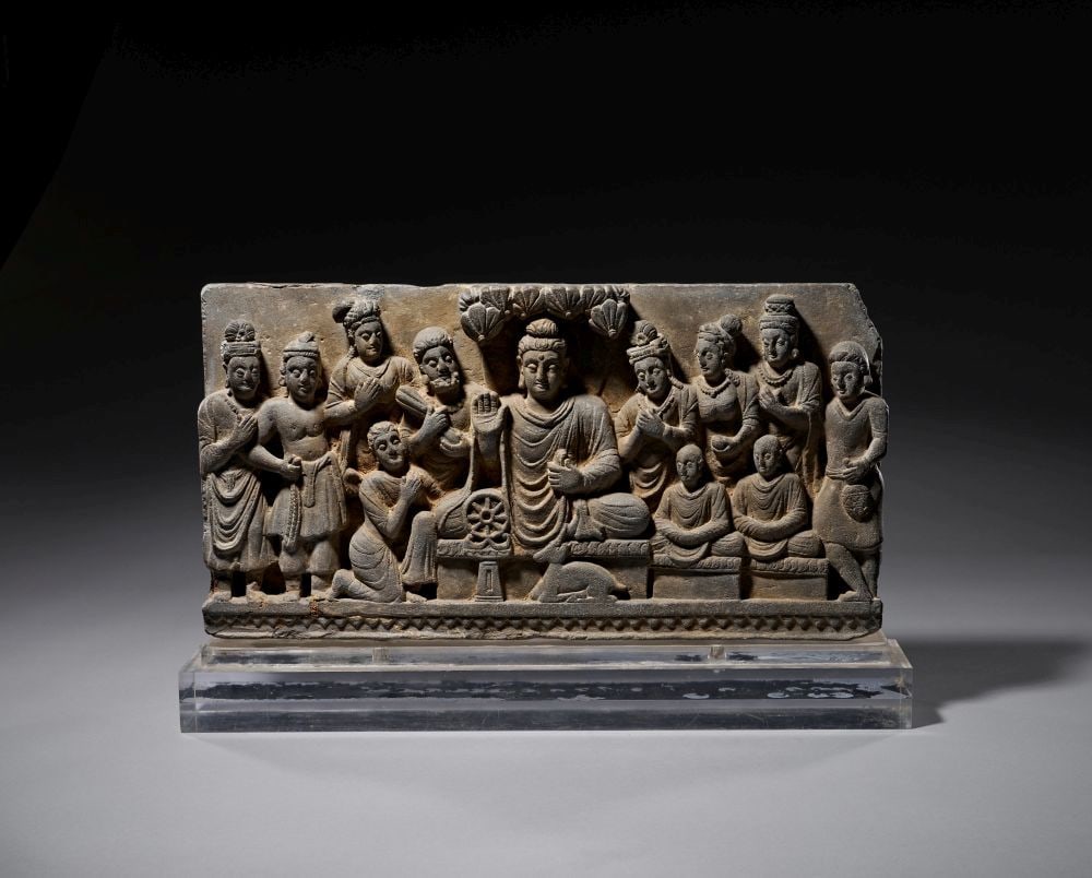 A GRAY SCHIST RELIEF PANEL WITH A SCENE OF WORSHIPPING THE BUDDHA, ANCIENT REGION OF GANDHARA, 3RD-4 (1 of 7)