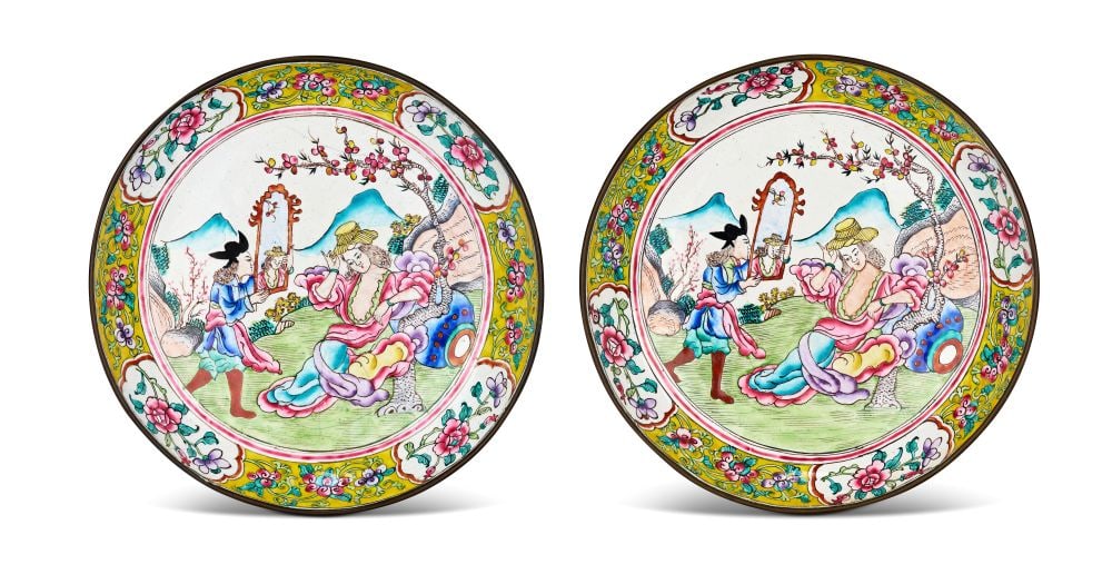 A PAIR OF CHINESE EUROPEAN SUBJECT ENAMEL DISHES, QIANLONG (1736-1795) (1 of 6)