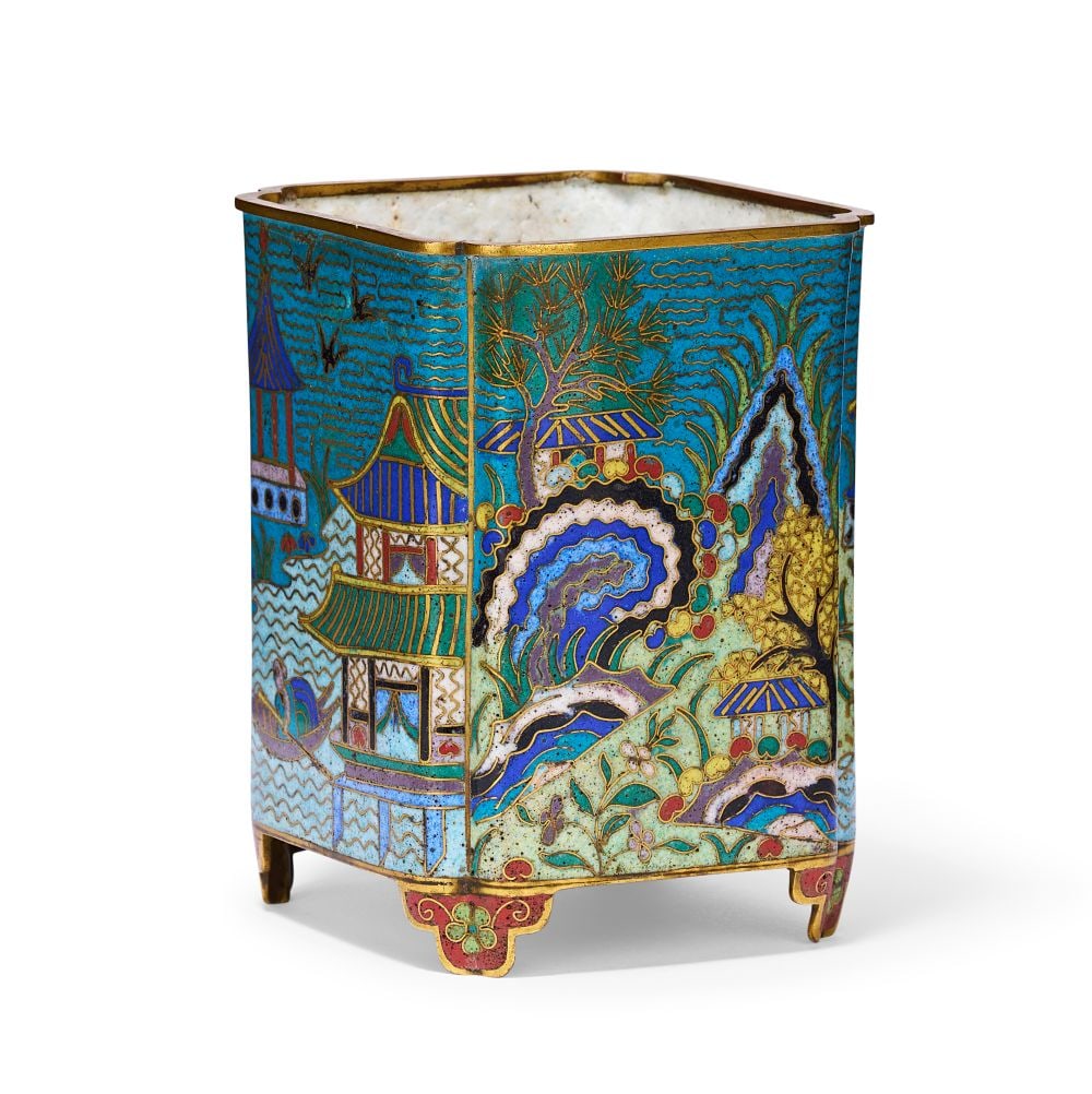 AN UNUSUAL CLOISONNÉ ENAMEL SQUARE BRUSHPOT, BITONG, QIANLONG (1736-1795) (1 of 7)