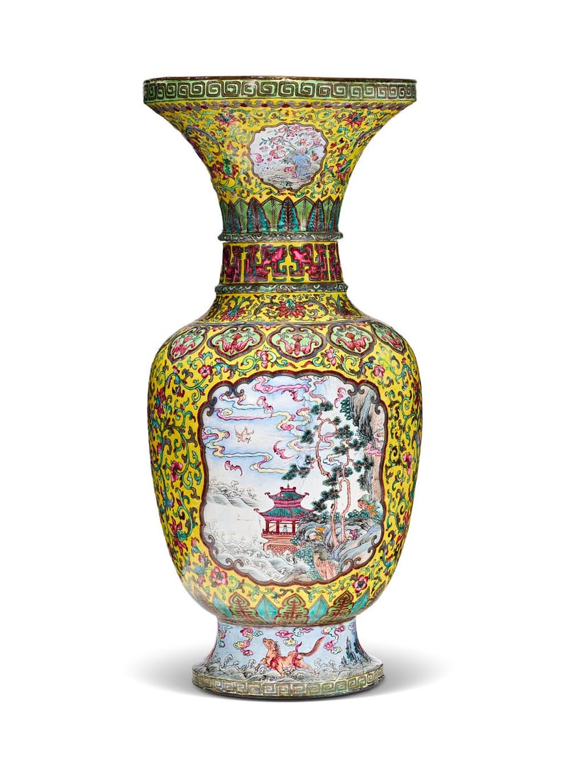 A LARGE YELLOW GROUND CHINESE ENAMEL COPPER VASE, QIANLONG (1736-1795) (1 of 5)