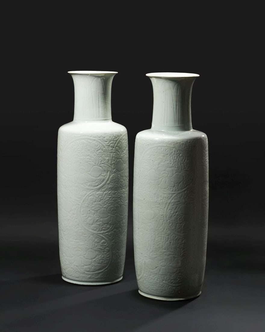 A PAIR OF MONUMENTAL CHINESE WHITE-GLAZED ROULEAU VASES Kangxi Period (1662–1722) (1 of 4)