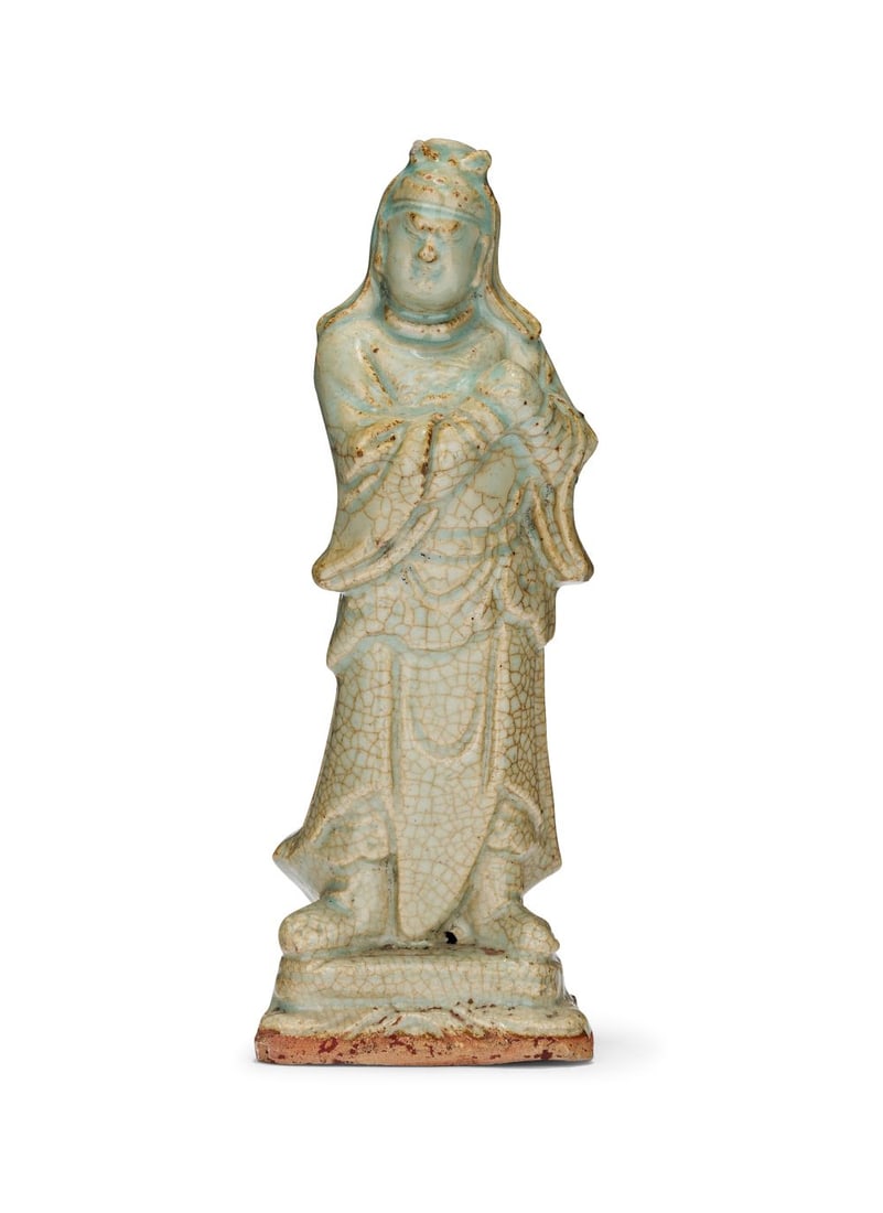 A CELADON CRACKLE GLAZE FIGURE OF A GENERAL, MING DYNASTY (1368-1644) (1 of 5)