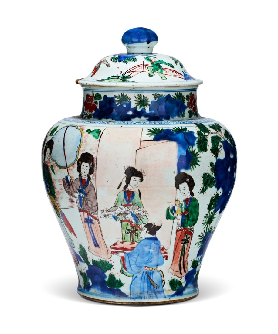 A MONUMENTAL CHINESE WUCAI JAR, SHUNZHI PERIOD (1644-1661): A MONUMENTAL CHINESE WUCAI JAR, SHUNZHI PERIOD (1644-1661) A monumental Chinese wucai porcelain jar and cover, of baluster form, painted in underglaze blue and coloured enamels with a continuous figur