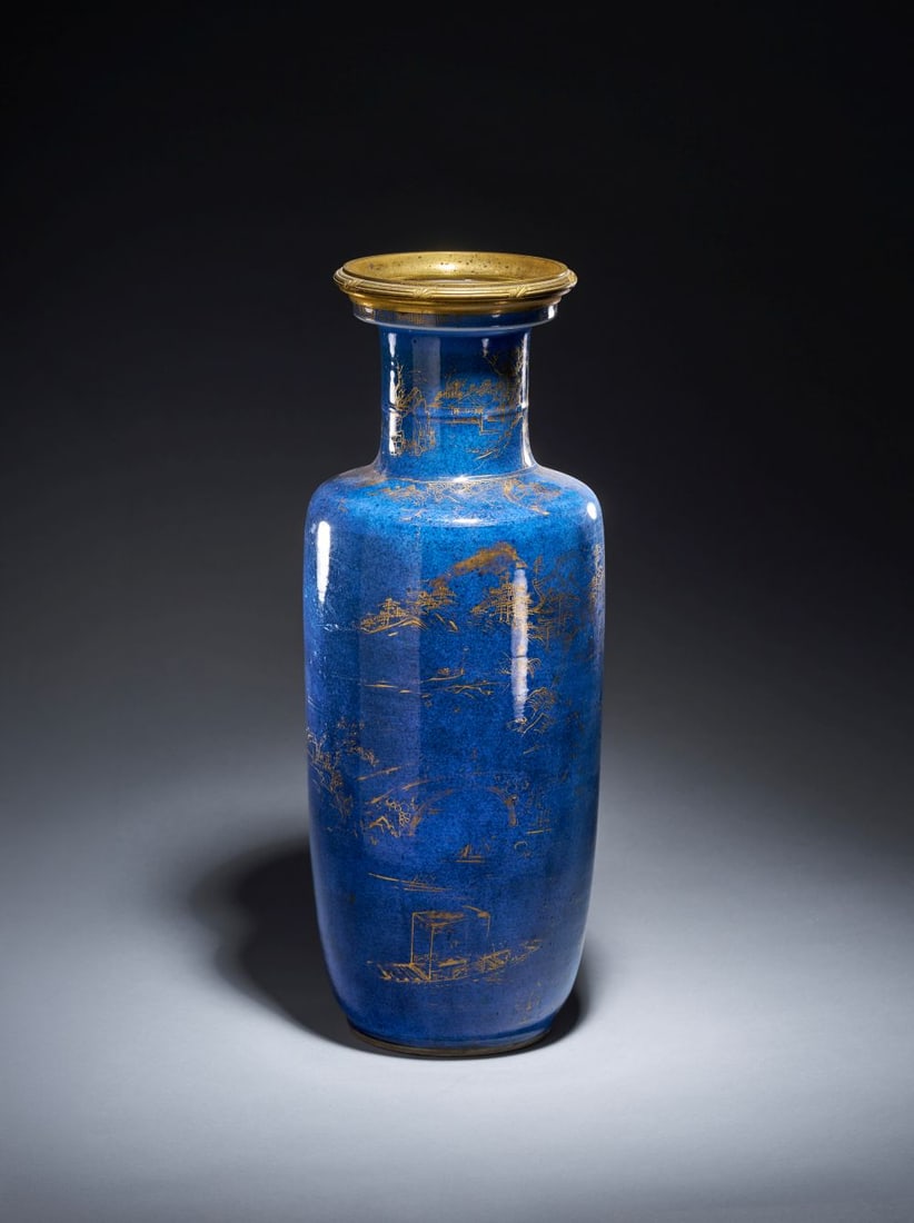 A VERY LARGE POWDER BLUE AND GILT ROULEAU VASE KANGXI PERIOD (1662-1722) (1 of 6)