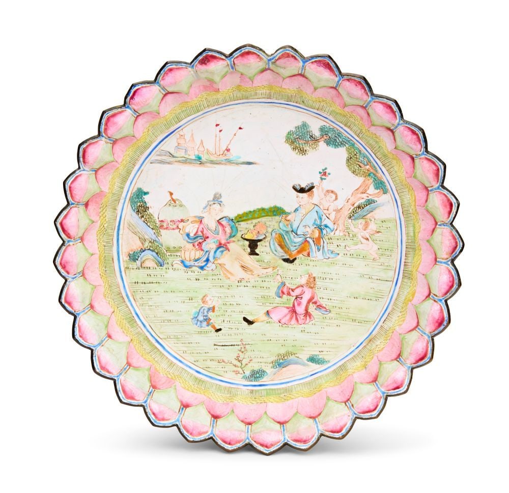 A CHINESE CANTON ENAMEL "EUROPEAN SUBJECT" STAND, QIANLONG PERIOD (1736-1795) (1 of 3)